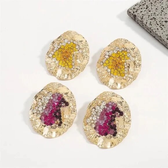 Zara Gold Iced Diamond in a Raw Big Fan Drop Suns Dangle Floral Pin Earrings - Picture 1 of 16